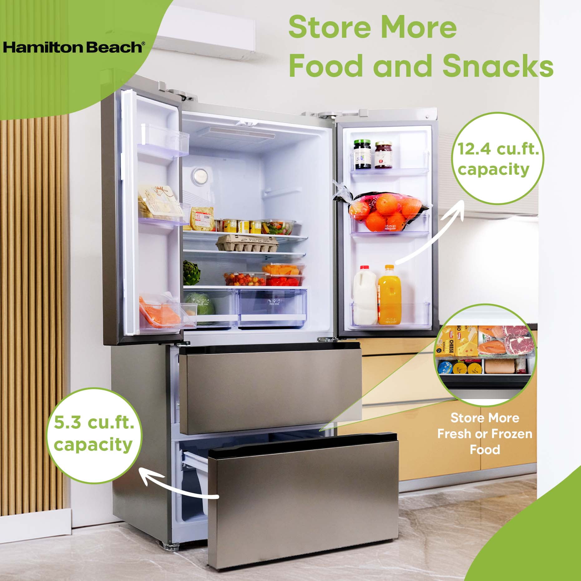 Hamilton Beach 17.9 cu. ft. French Door Refrigerator with Double Freezer, Stainless Steel Fridge with Digital Display and Interior Lighting