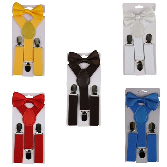 Yirtree 2Pcs/Set Child Kids Suspenders Bowtie Set - Adjustable Suspender Set for Boys and Girls Solid Color Kids Boy Girls Clip-on Y-Shape Elastic Suspenders Bowtie