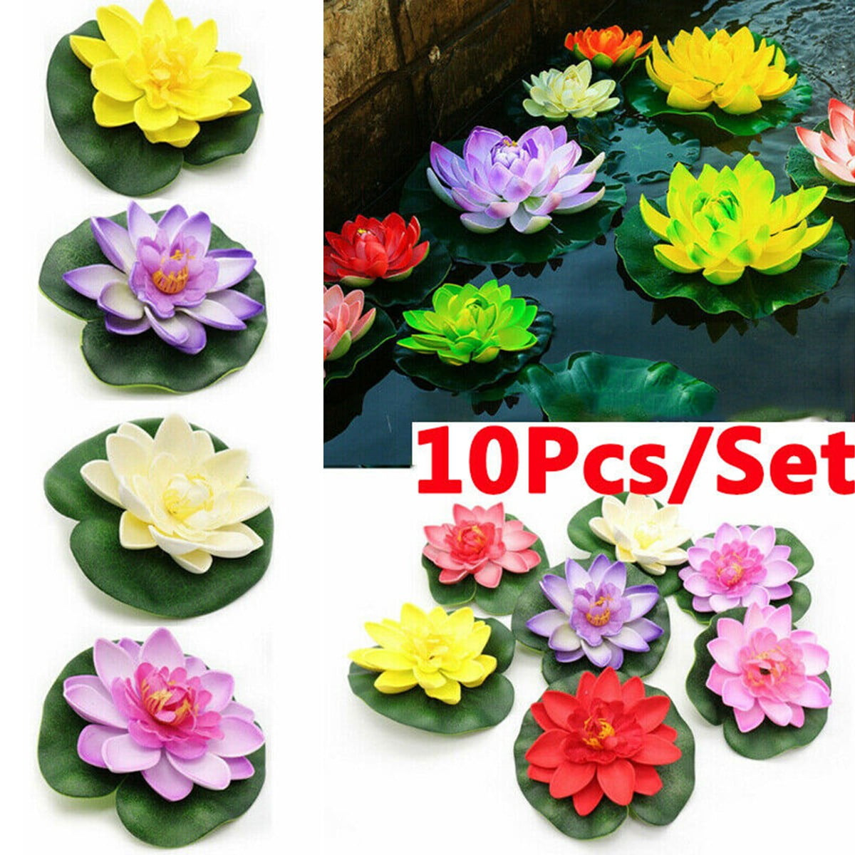 10Pcs Artificial EVA Fake Lotus-Leaf Flowers Water Lily Floating Pool Plants US 
