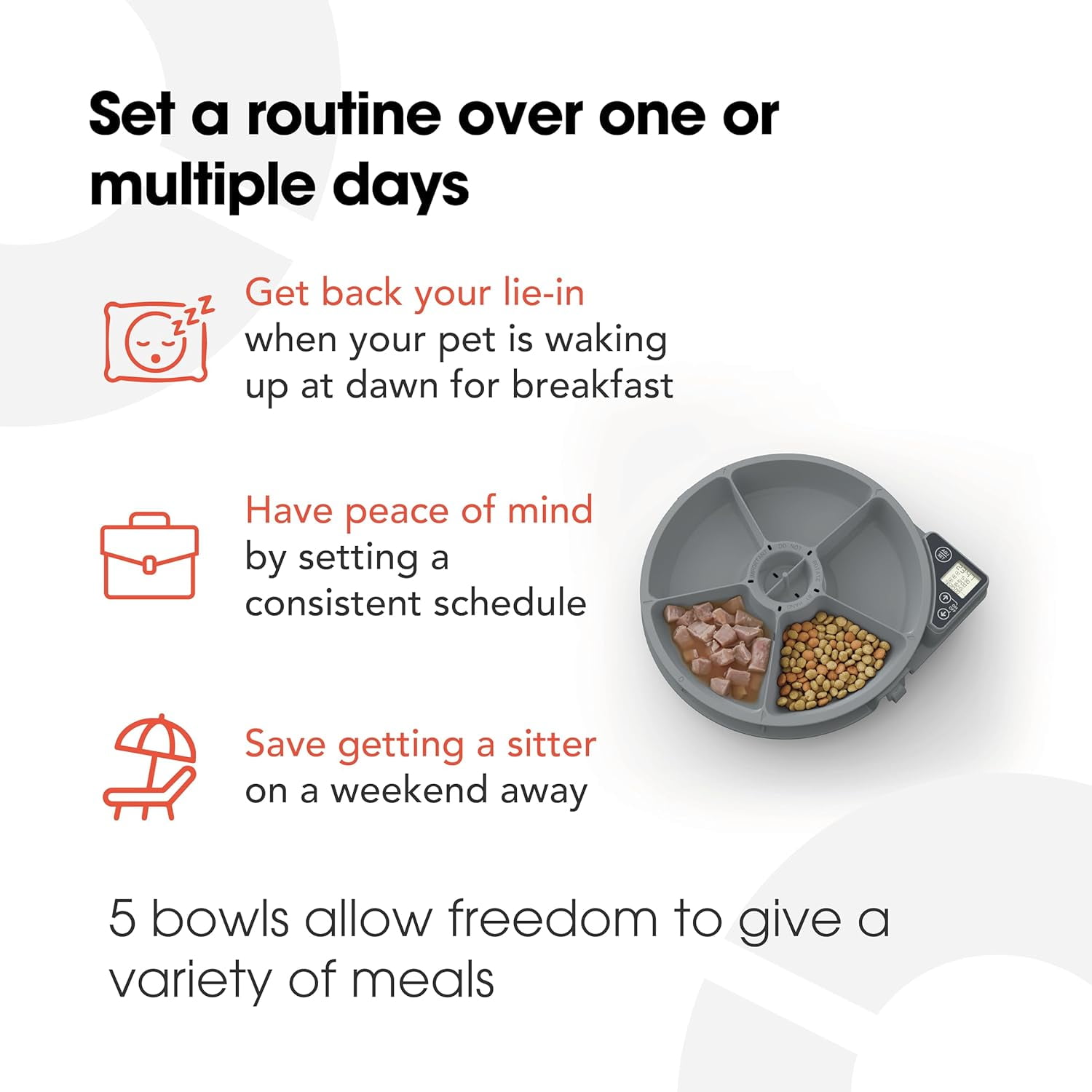 C500 Automatic 5 Bowl Digital Timer-Controlled Pet Feeder for Cats and Small Dogs with Twin Ice Packs