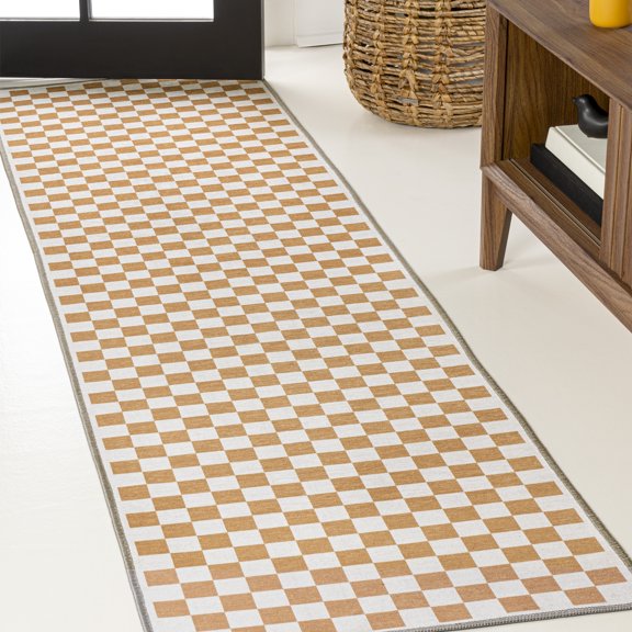 JONATHAN Y WASHABLE 2 x 8 Runner Rug, Ainsley Cottage Checkerboard Washable - Gold/Cream, WSH126B-28
