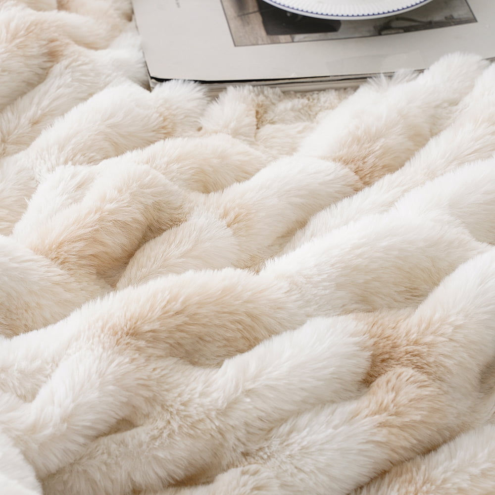 Battilo Ruched Faux Fur Throw Blanket,Beige Rabbit Faux Fur Blanket for Couch, Living Room,50"x60"
