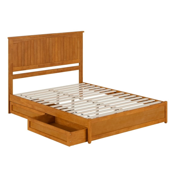 Malta Queen Wood Platform Bed with Panel Footboard & Drawers in Light Toffee