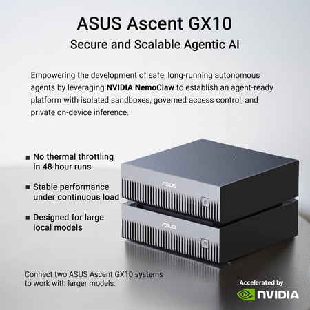 ASUS Ascent GX10 AI Supercomputer, DGX Spark, NVIDIA GB10 Superchip, 128GB LPDDR5x, 1TB PCIe Gen4 NVMe SSD, Wi-Fi 7 & BT5.4, DGX OS, Agentic AI Ready, Supports OpenClaw, NemoClaw, Stackable Chassis