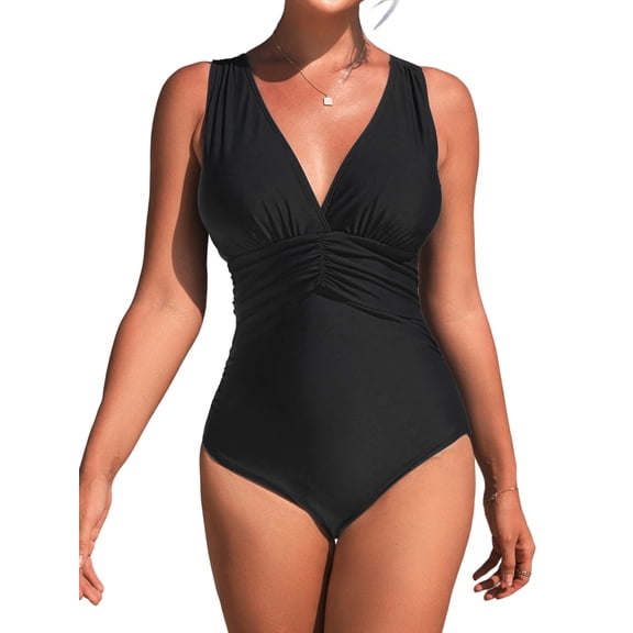 Charmo Retro Plunge V Neck One Piece Swimsuit for Womens Ruched Tummy Control Swimwear