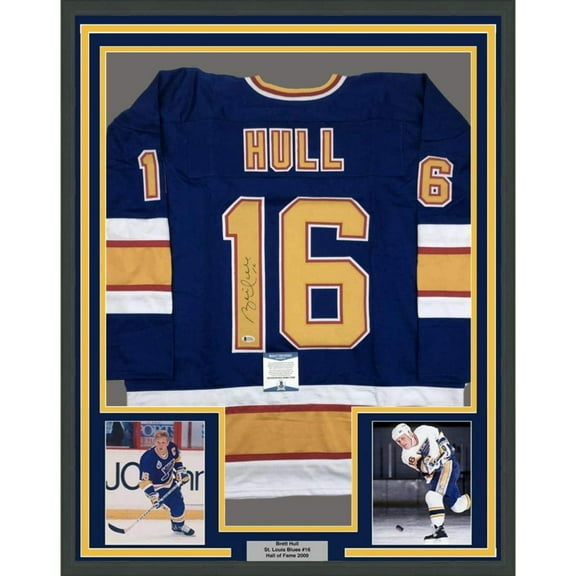Framed Autographed/Signed Brett Hull 35x39 St. Louis Blue Hockey Jersey Beckett BAS COA