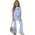 thumbnail image 4 of Kilaqueen Girls Outfits Summer Short Sleeve T Shirt Flared Pants Sets Cute Bow Printed Casual Vacation Clothes Size 5-15T, 4 of 7