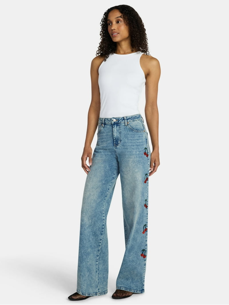 Madden NYC Women's Ultra 90's Jeans with Cherry Embroidery, 32