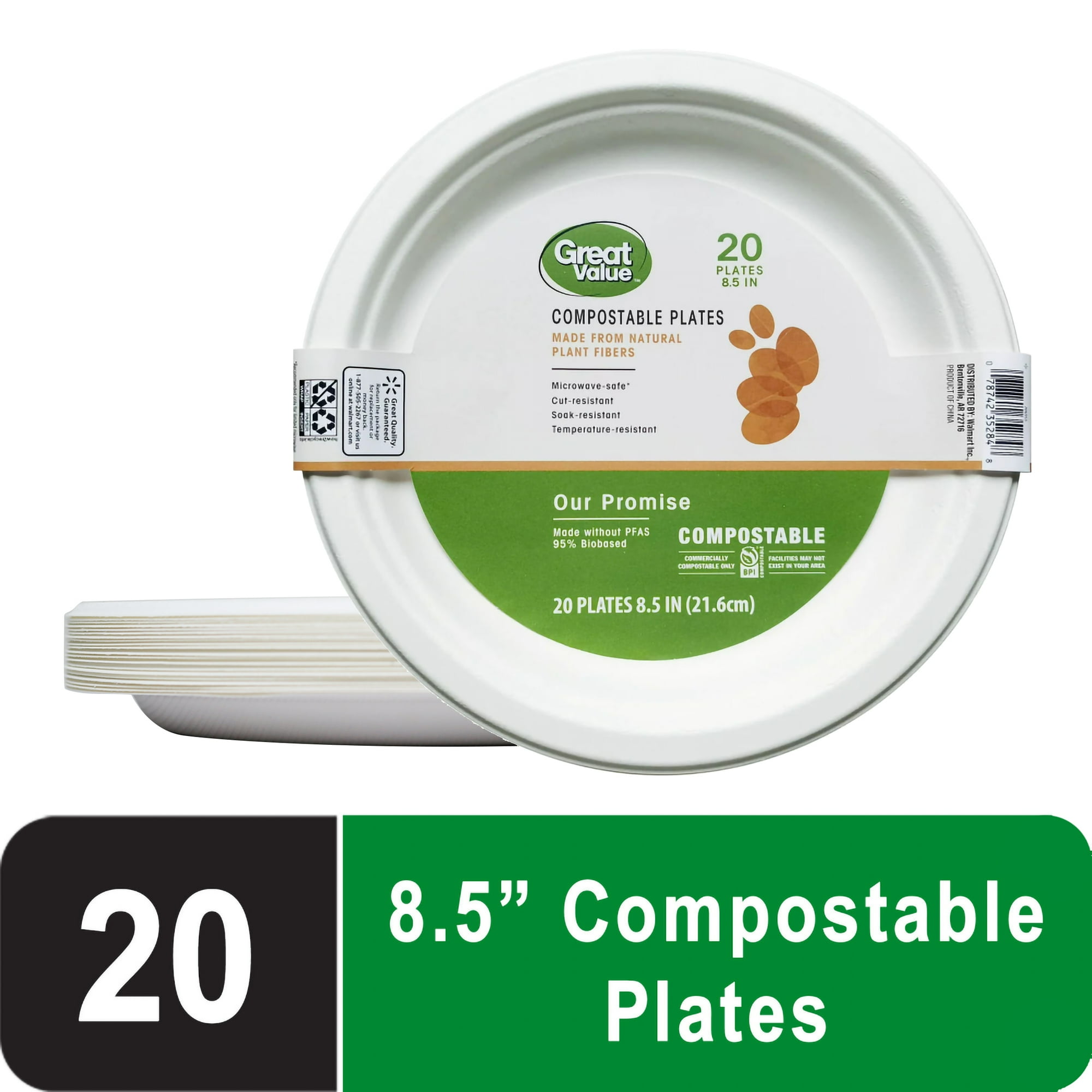 Great Value Compostable Disposable Paper Plates, 8.5 in, White, 20 Count