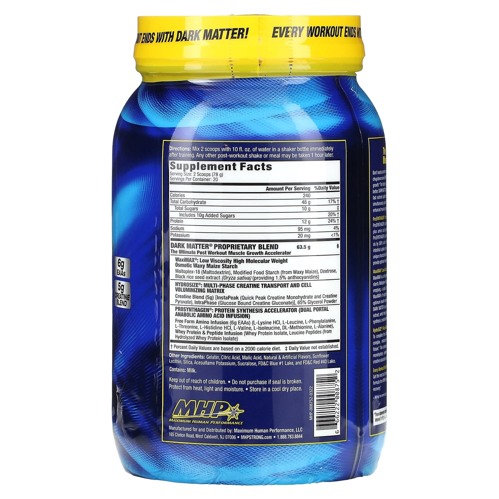 MHP Dark Matter Post‑Workout Recovery Accelerator – 48 g WaxiMAX® Carbs, 6 g EAAs, 5 g Multi‑Phase Creatine (Blue Raspberry, 20 Servings)