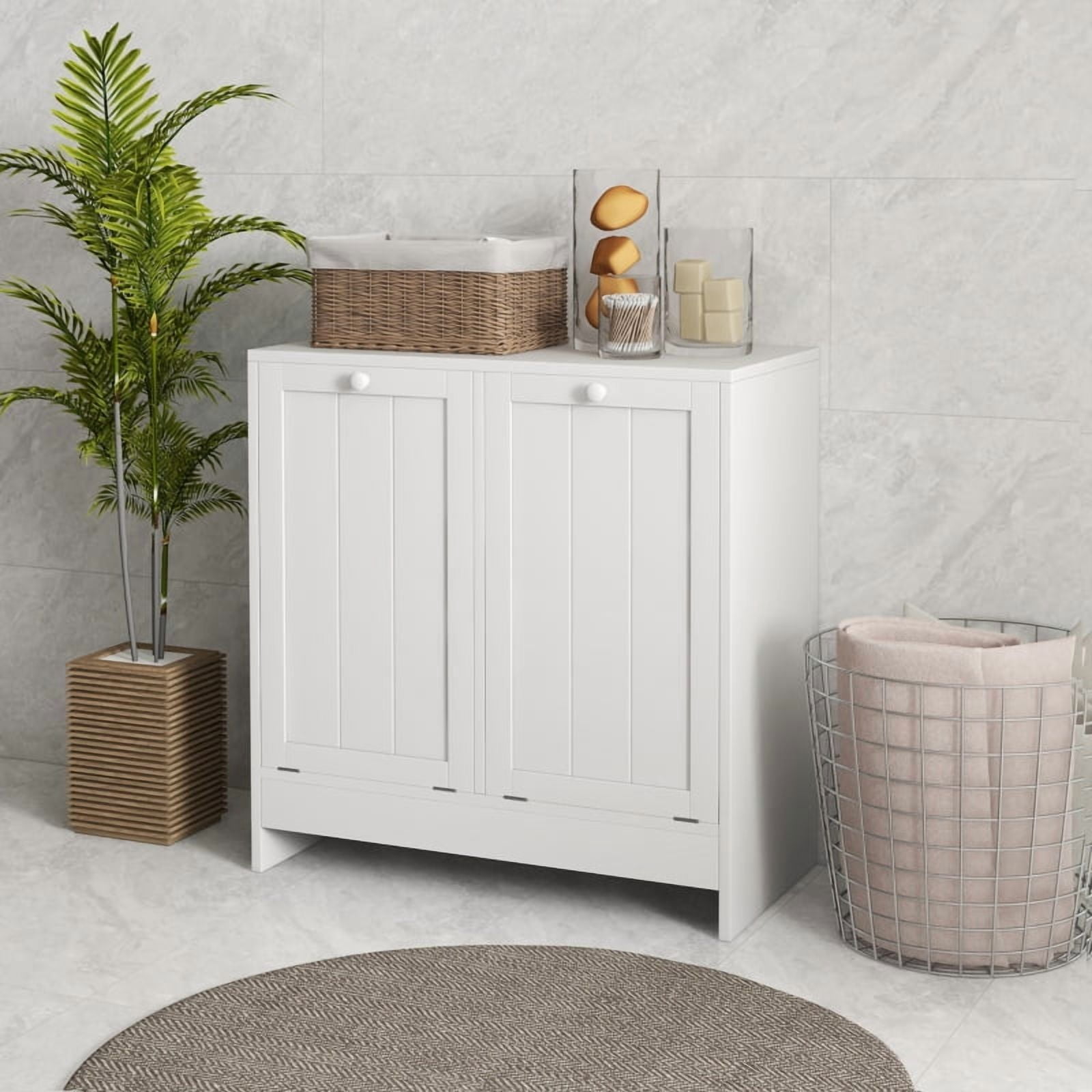 Alvantor Double Laundry Storage Cabinet with 2 Pull-Out Hampers, Bathroom Organizer 66" x 33" x 68" White