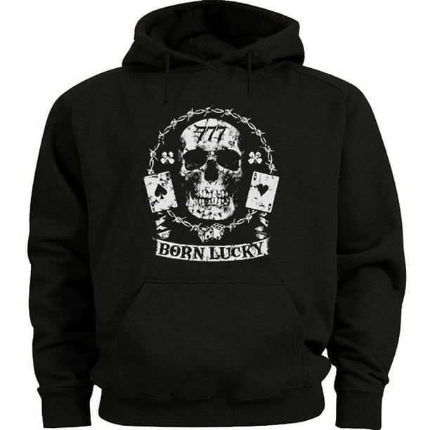 Decked Out Duds - Born Lucky 777 Skull Hoodie Men's Sweatshirt Black ...