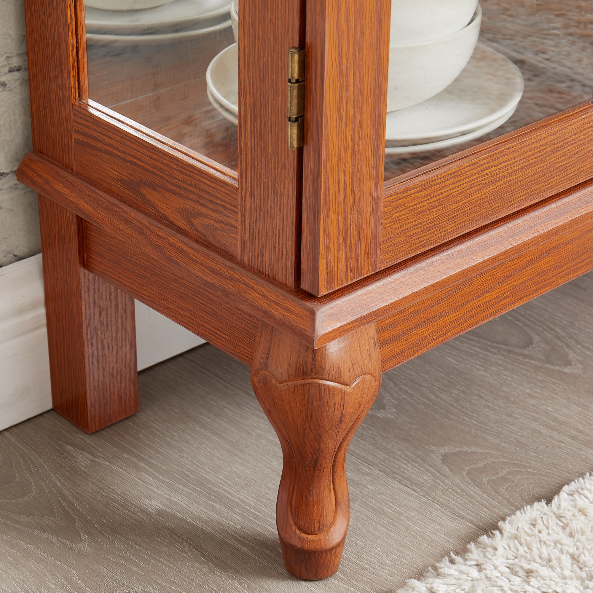 Leumius Curio Cabinet with Tempered Glass Doors, Lighted Display Cabinet with Mirrored Back Panel & Adjustable Shelves for Home or Office Dark Oak