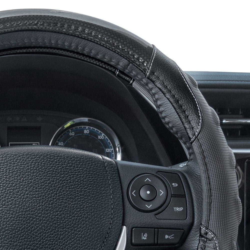 Motor Trend GripPlus Black Carbon Fiber Steering Wheel Cover, Standard 15 inch Size, Advanced Traction Grip, Car Steering Wheel Cover for Truck Van SUV Auto