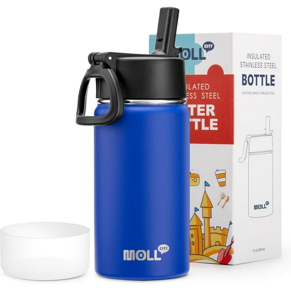 shiyou-Small Water Bottle for Kids-12 oz Stainless Steel Double Wall Vacuum Insulated Sports Water Bottle with Straw-Reusable Metal Water Flask for School(Navy)