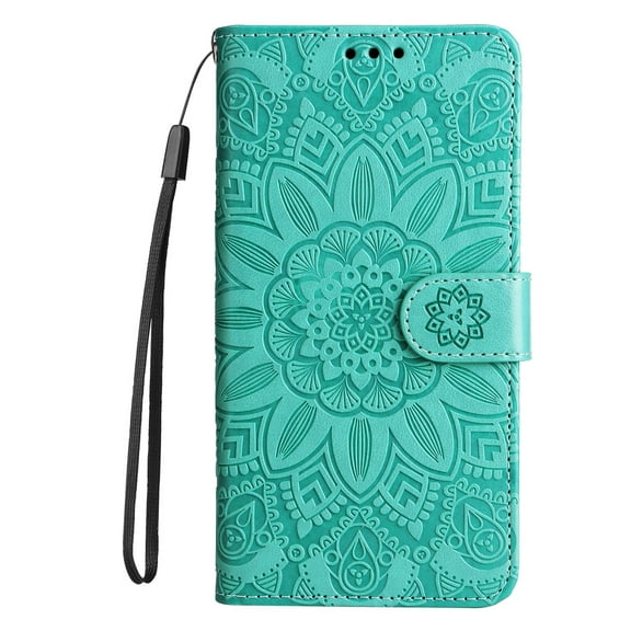 Decase Embossed Wallet Case for iPhone 13 Embossed Sunflower Pattern PU Leather Case with Card Slots Hand Strap Shockproof Protective Case 6.1 inch,for iPhone 13,Green