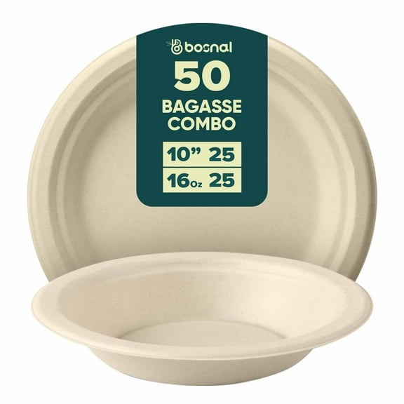 BOSNAL 10 Inch Round Bagasse Plates with 16 Oz Bowls – Compostable, Biodegradable & Eco-Friendly Disposable Tableware for Parties, Catering & Events