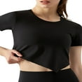 thumbnail image 3 of Women Workout Crop Tops Short Sleeve  Neck Asymmetrical Yoga Running T-Shirts, 3 of 6