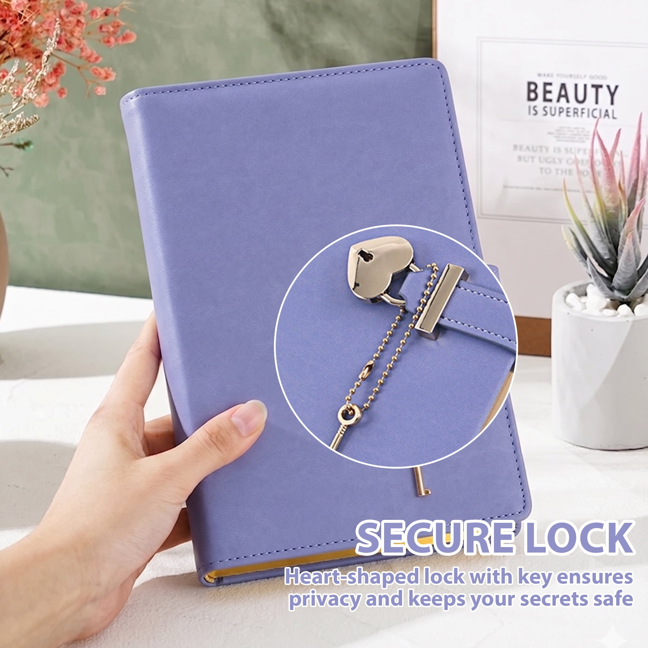 Lock Diary with Keys, B6 PU Leather Journal Notebook with Heart Lock, Lined Writing Journal with 144 Sheets for Personal Writing and Daily Use,Purple