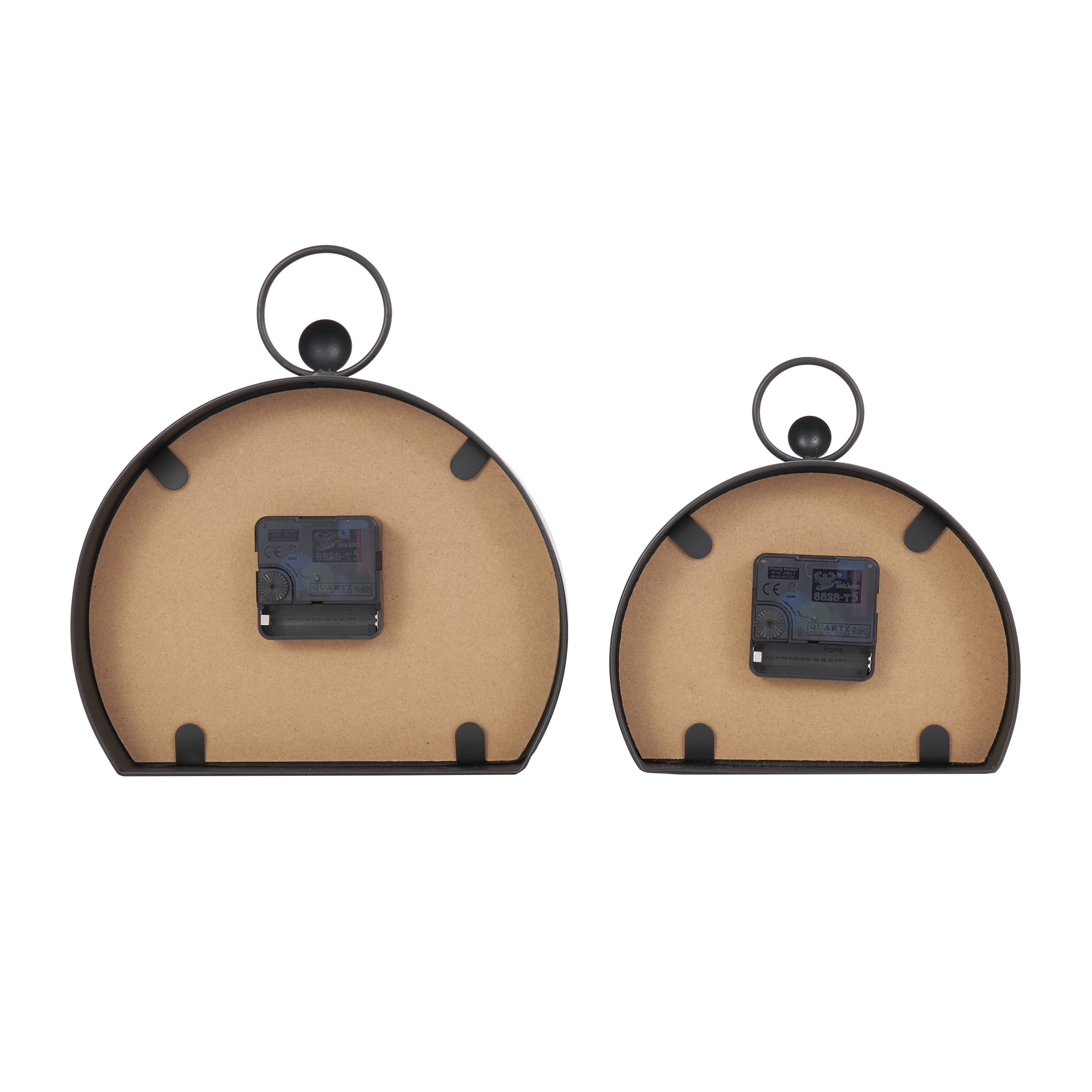 DecMode 10" White Wooden Semicircle Clock with Brown Wooden Frame and Ring Handle, Set of 2