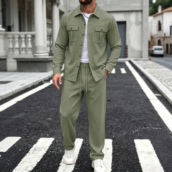 Elvqul Men's Long Sleeve Shirt and Pants Set with Button Detail & Drawstring Closure, Linen-Blend