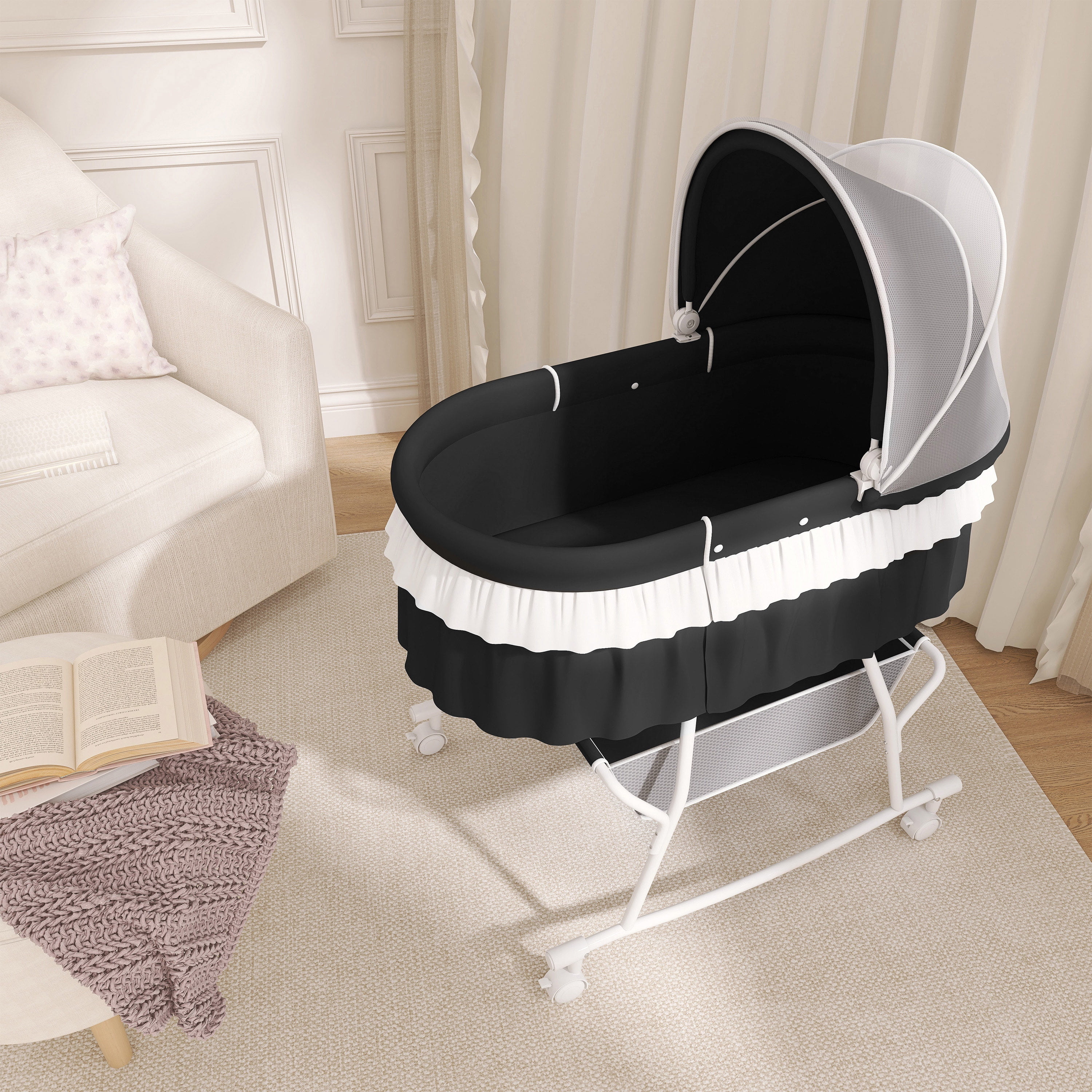 Dream On Me Lacy Portable 2-in-1 Bassinet & Cradle in Black, Lightweight Baby Bassinet