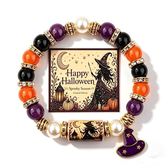 Halloween Beaded Bracelet Gift Set, Black Cat Pumpkin Stretch Bracelet with Moon & Witch Hat Charms, Purple Orange Fall Gift for Women, Teens & Cat Lovers