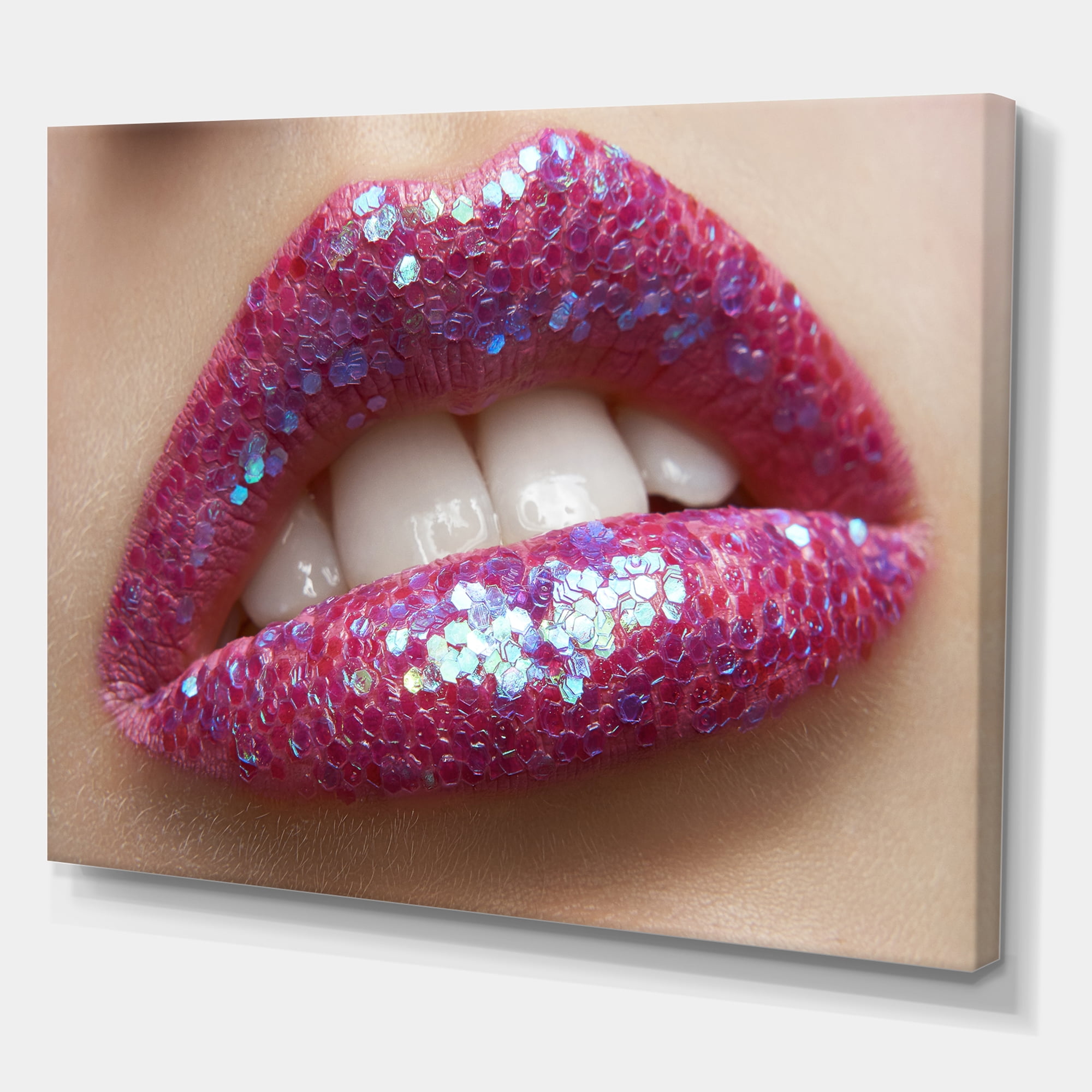 Designart ' Girl Lips Pink Lipstick and Sequins ' Modern Canvas Wall Art Print