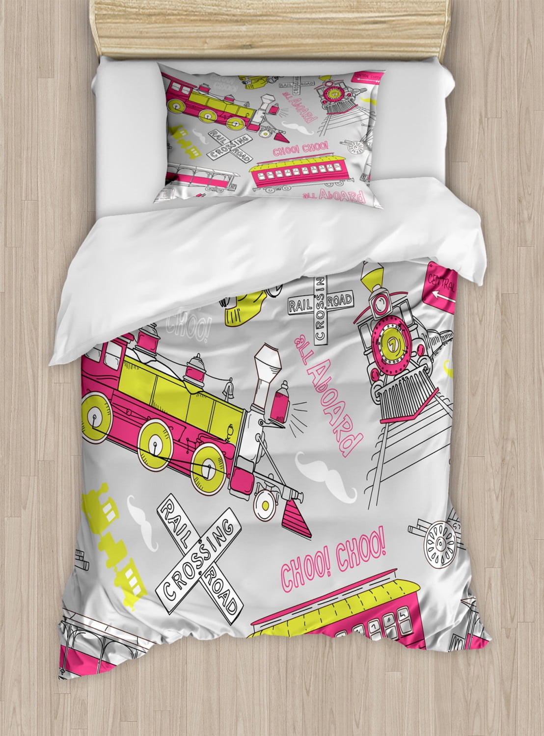 Train Duvet Cover Set, Railway Station Composition Artwork in Energetic