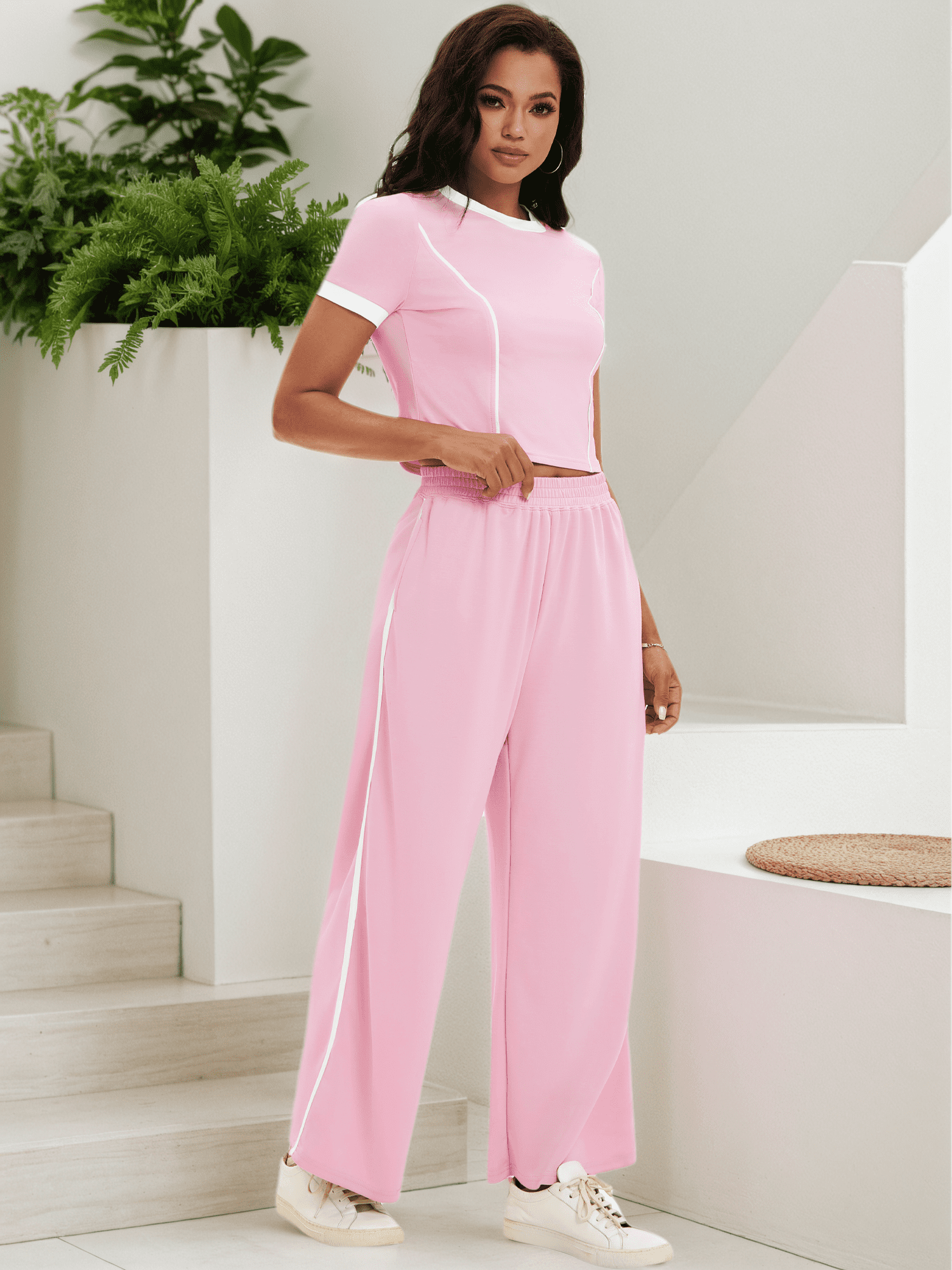 DARING DIVA Women 2 Pieces Set Crop Tops Wide Leg Pants Fall Outfits L Pink