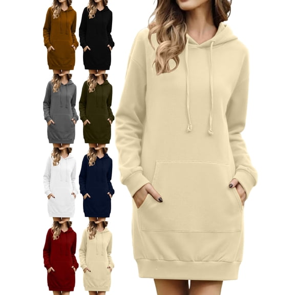 Casual Kangaroo Pocket Hoodie Dresses for Women Long Sleeve Pullover Oversized Loose Fit Dress