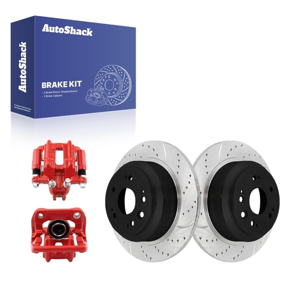 AutoShack Rear Solid Drilled & Slotted E-Coated Brake Rotors   Calipers Red 4-PC Brake Kit Replacement for 2010-2011 Honda Accord Crosstour ShadowGuard 12" (304.7 mm)