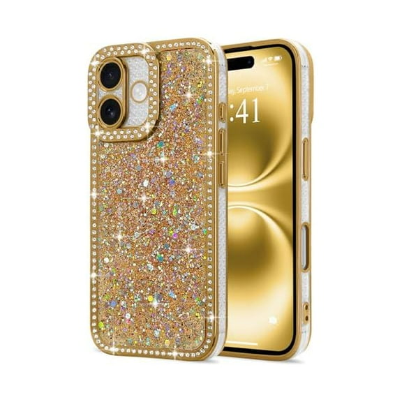 for iPhone 16 Case Glitter, Luxury Shiny Bling Sparkly Phone Cover with Crystal Diamonds Rhinestone for Women Girls Soft TPU Slim Shockproof Protective Phone Case for iPhone 16 6.1", Gold