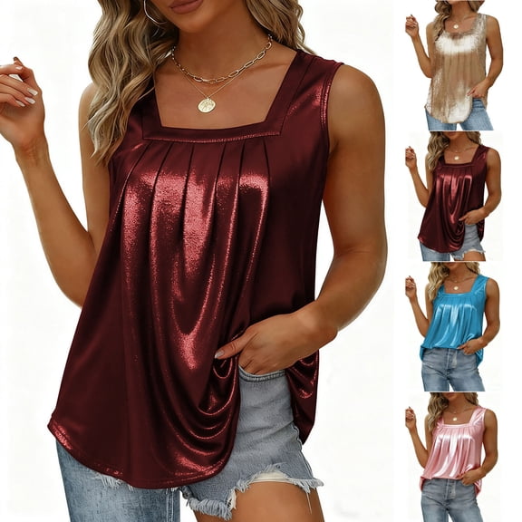 FNFYFH Plus Size Tank Tops for Women Metallic Pleated Tank Shirt Square Neck Camisole Sleeveless Disco Party Club Clothes
