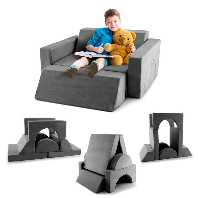 Costway Kids Modular Play Sofa 8 PCS with Detachable Cover for Playroom & Bedroom Indoor Gray