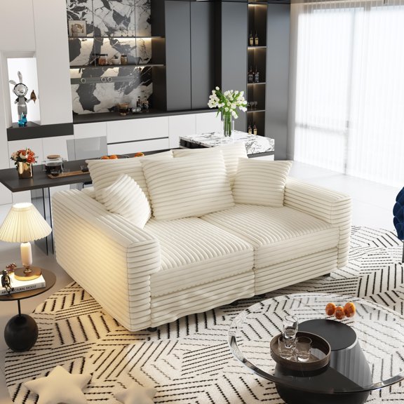 82.7 " Plush Corduroy 3-Seat Sofa,Modern Comfy Upholstered Sofa Cloud Couch,Deep Seat Couches with Soft Pillows,Convertible Deep Seat Sofa Lounge Chair for Living Room Bedroom,Apartment,Beige/White
