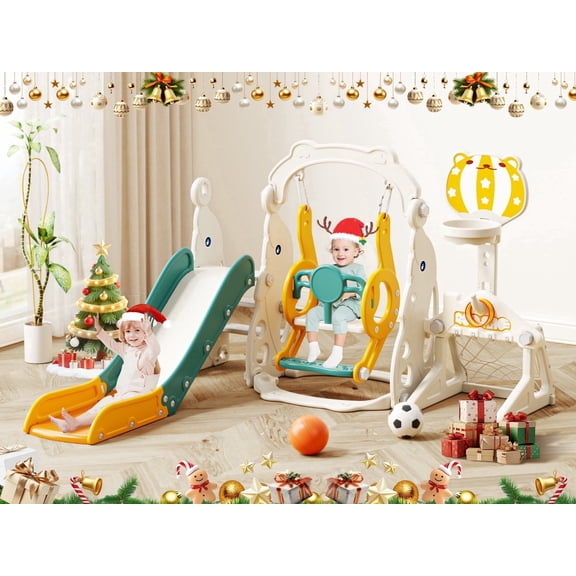 KORIMEFA Toddler Slide, 6 in 1 Toddler Playset - Upgrade with Kids Slide, Swing, Soccer and Ring Toss for Age 1-3, Indoor and Outdoor Playground