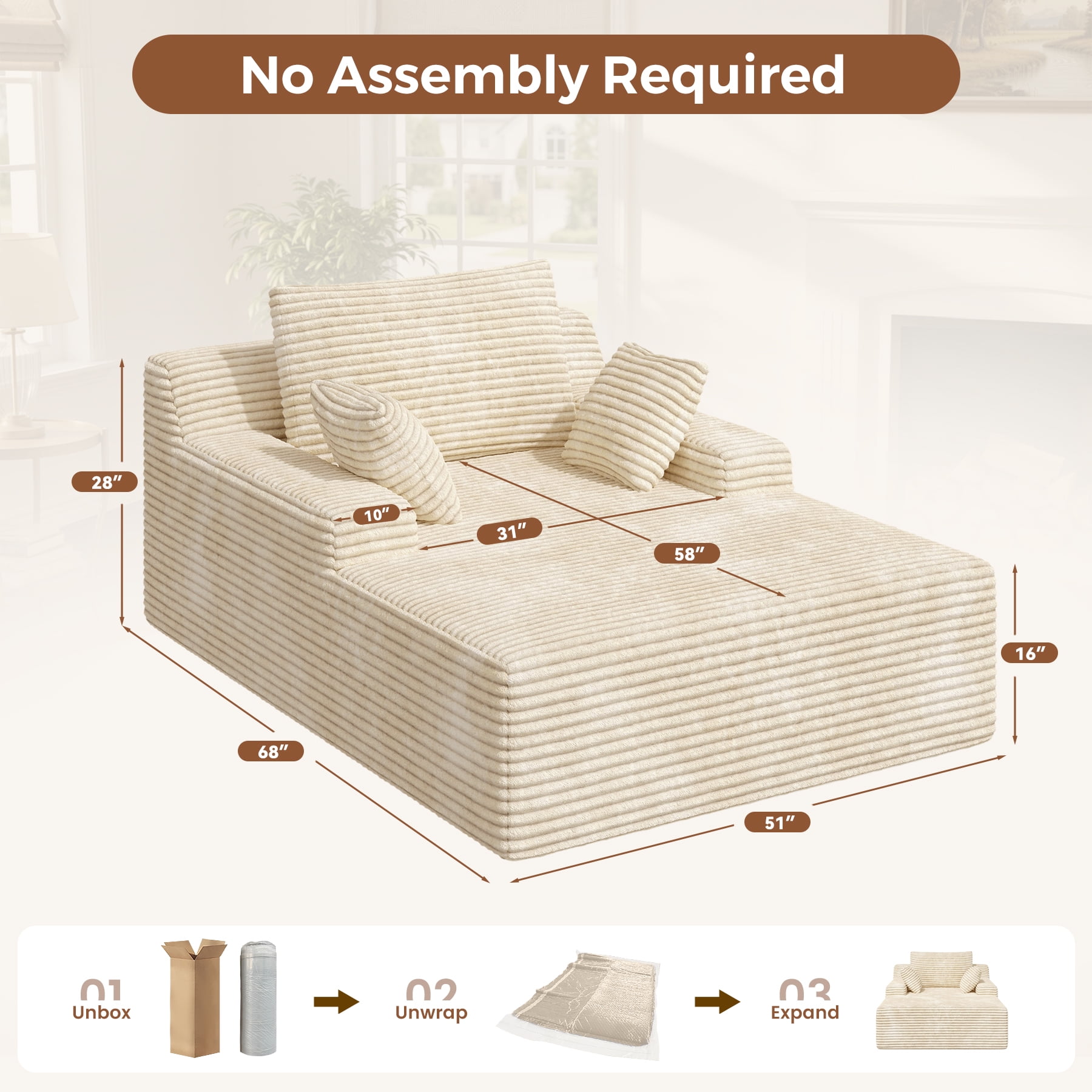 Daluvenix 51 Inch Chaise Lounge Chair Indoor Oversized Corduroy Upholstered Boneless Sofa Bed Deep Seat Sleeper Couch Reading Chairs Cloud Sofas Couches for Living Room