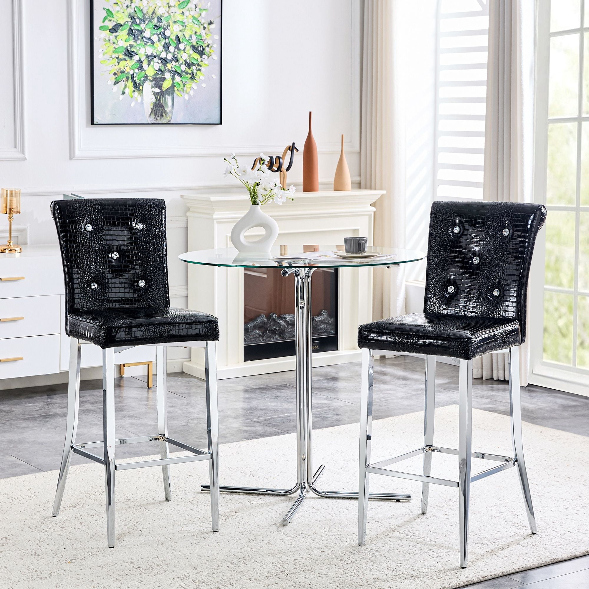 Alvantor Set of 2 Black Crocodile Faux Leather Bar Chairs with Crystal Accents