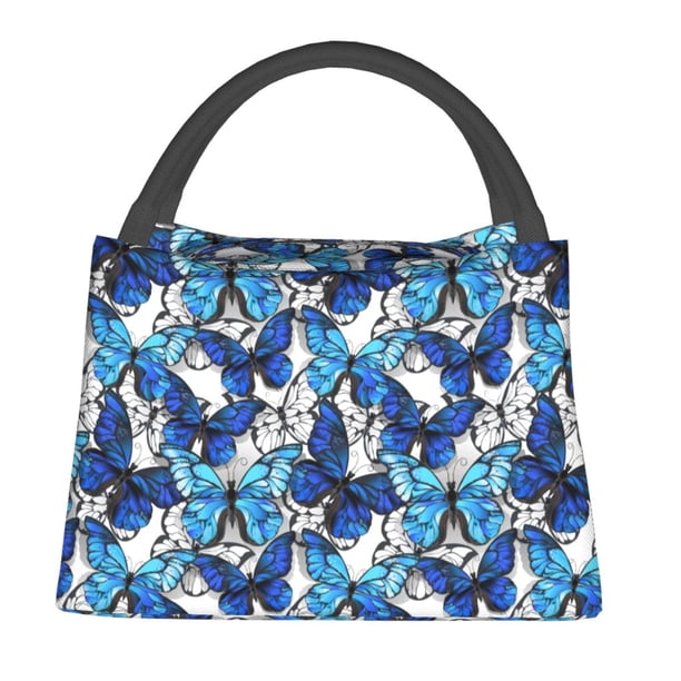 Easygdp Blue and White Butterflies Bolsa de Almuerzo Insulada Reutilizable, Bolsa de Mano y Bandolera para Oficina, Trabajo, Viajes