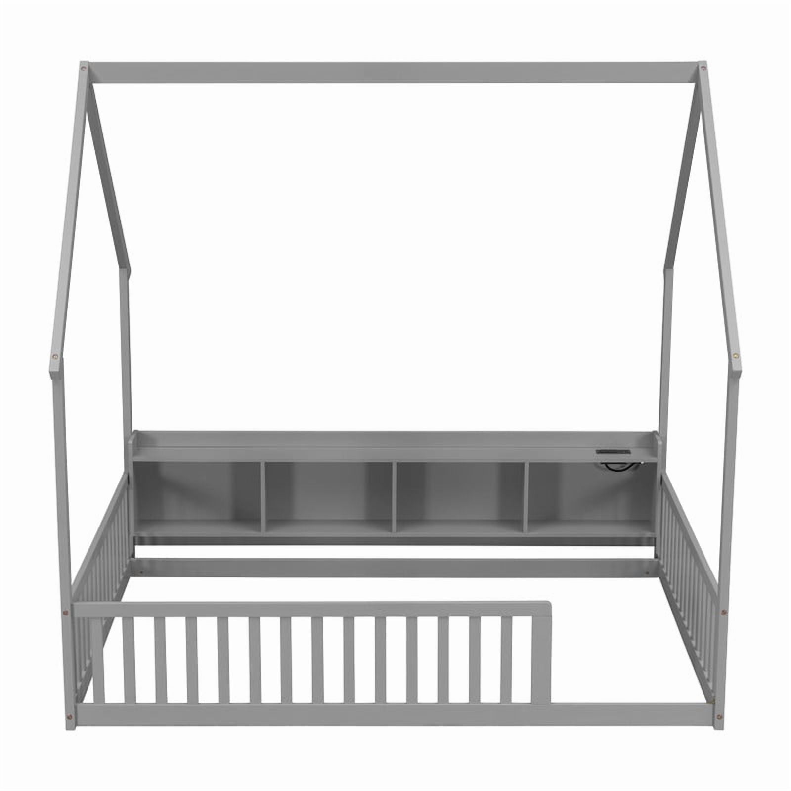 Full Size House-Shaped Canopy Bed with Roof, Wood Kid's Floor Bed Frame with Storage Shelves, LED Lights & Charging Station