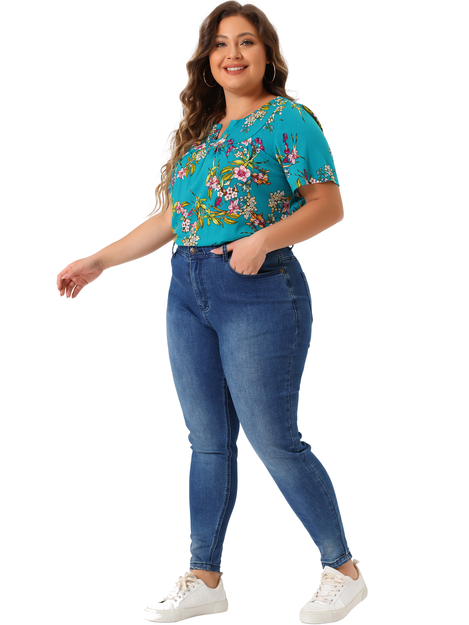 DARING DIVA Women's Plus V Neck Floral Print Casual Top 4X Lake Blue