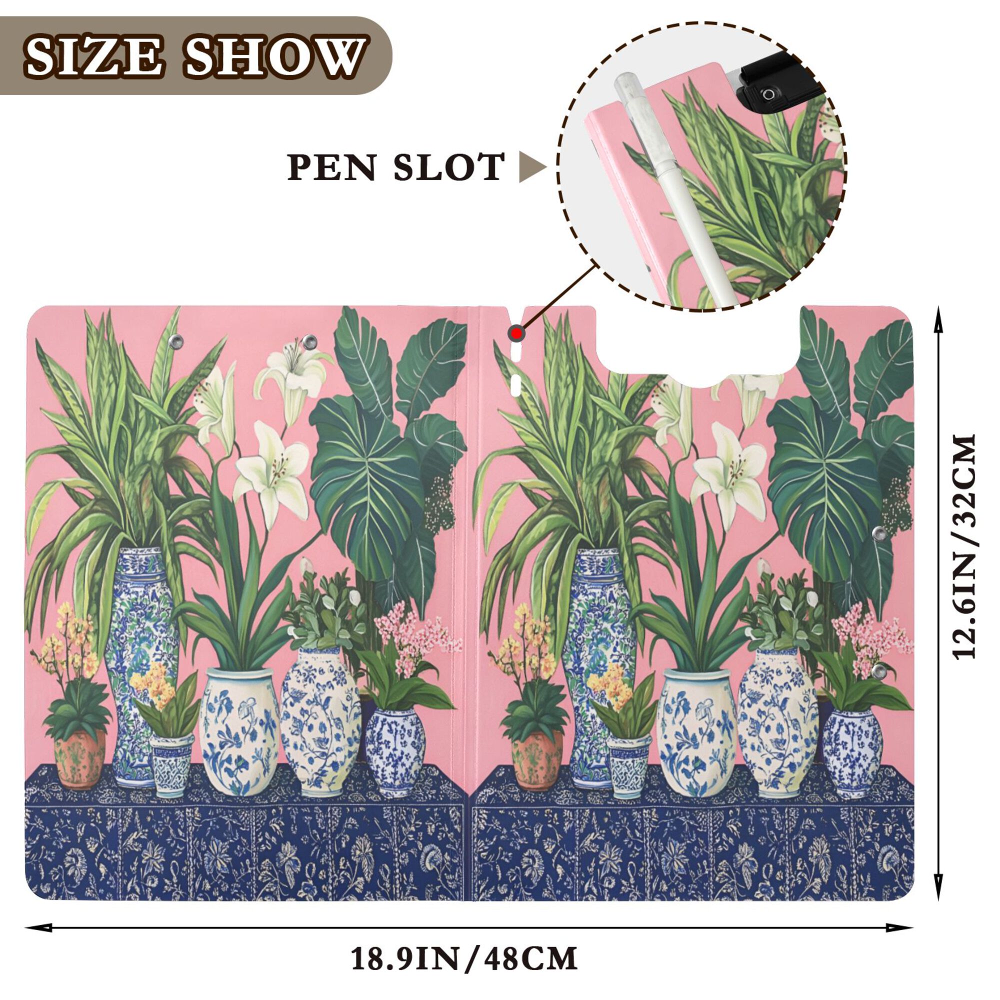 FORMRS A4 Clipboard Folder with Pen Holder Horizontal Foldable School Office Binder, Floral Vase