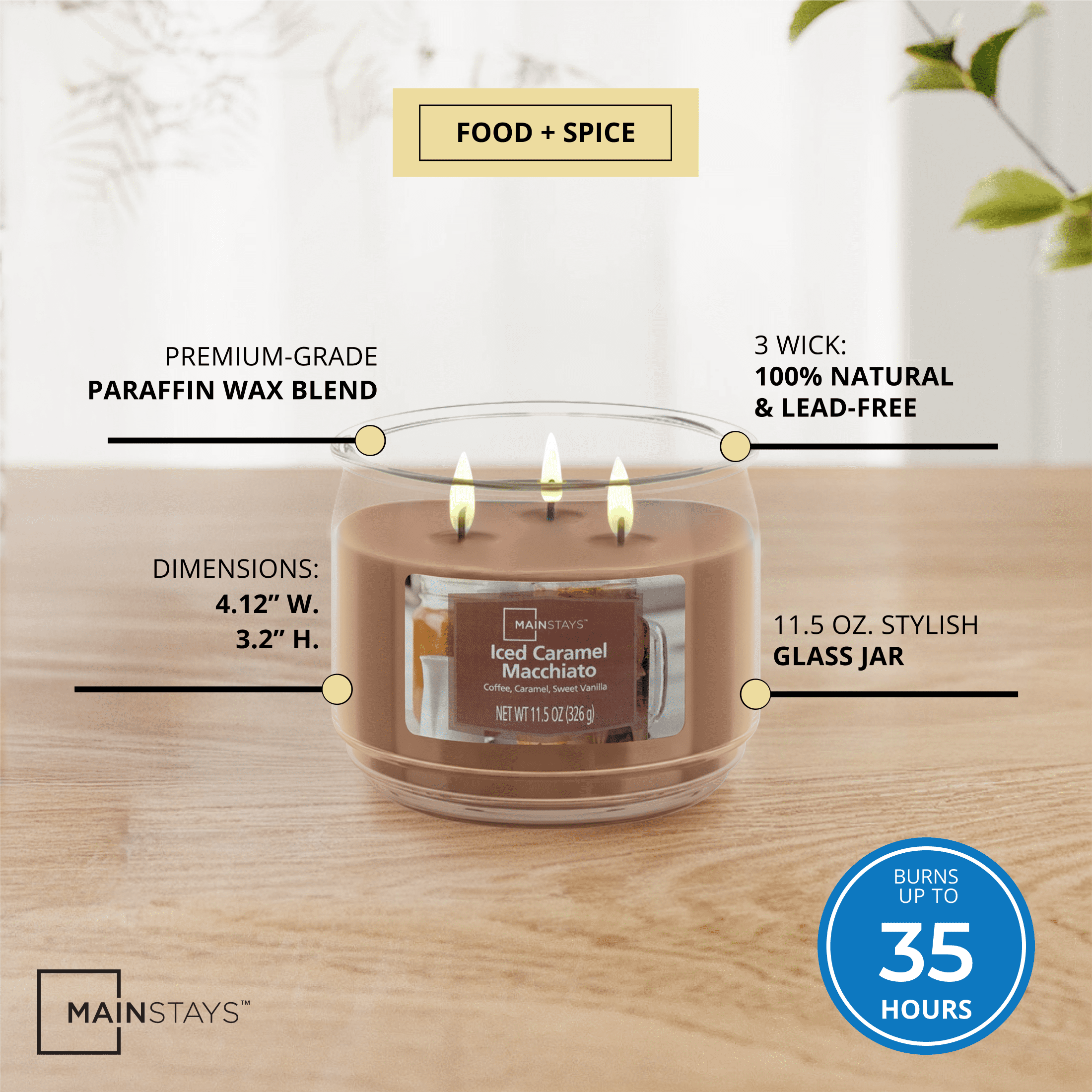 (4 pack) Mainstays 3-Wick Scented Glass Jar Candle, Iced Caramel Macchiato, 11.5oz.