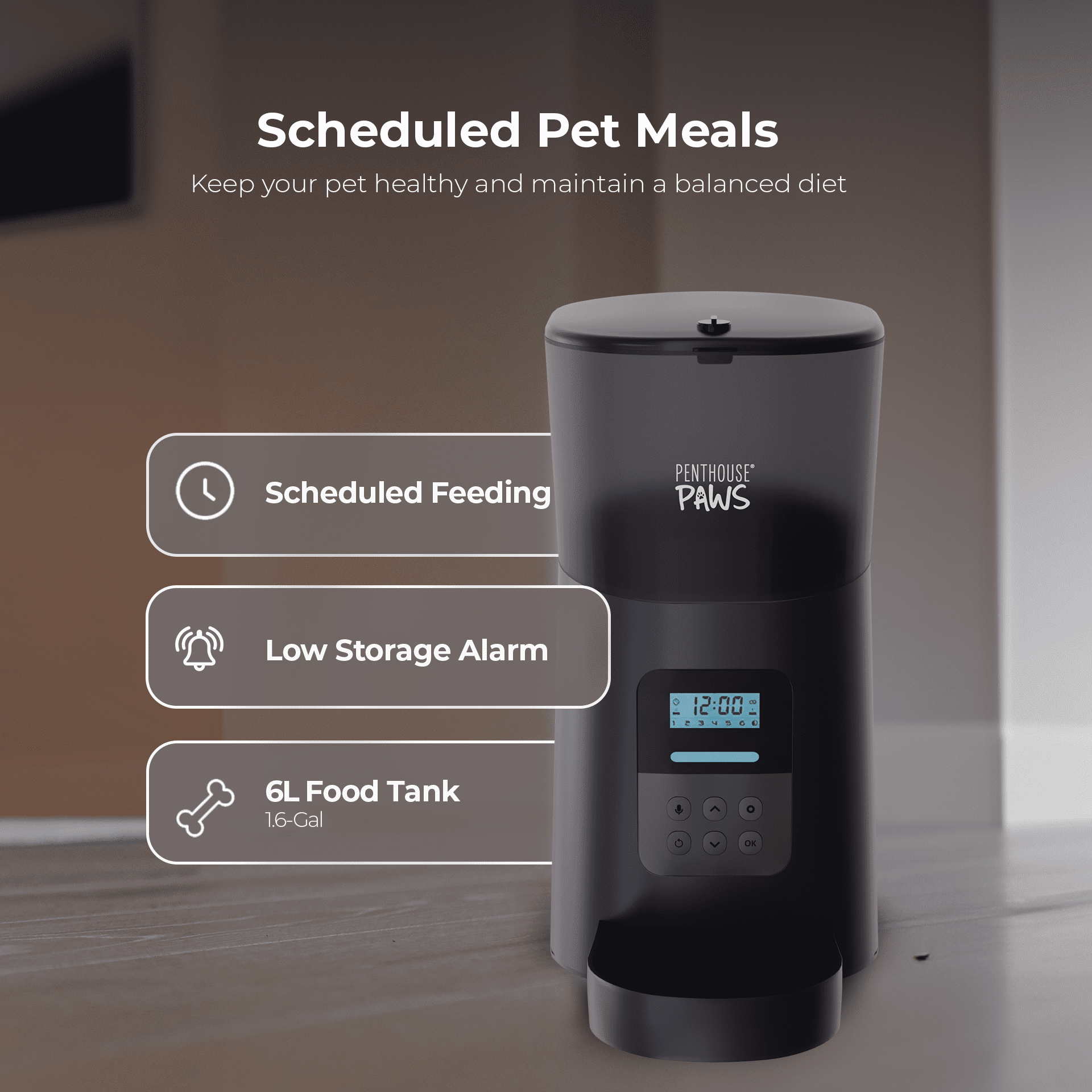 Penthouse Paws® Automatic Pet Food Feeder, 6L Capacity, LCD Panel, Voice Recording, Twist-Lock Seal, Backup Power, 15 Meals/Day, Black, for Cat & Dog