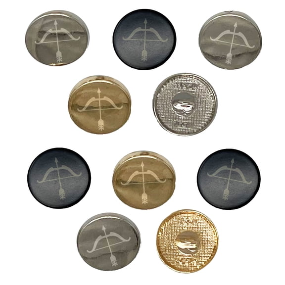 Archery Bow and Arrow Set of 10 Metal 0.6" (15mm) Sewing Shank Round Buttons - Gold Color