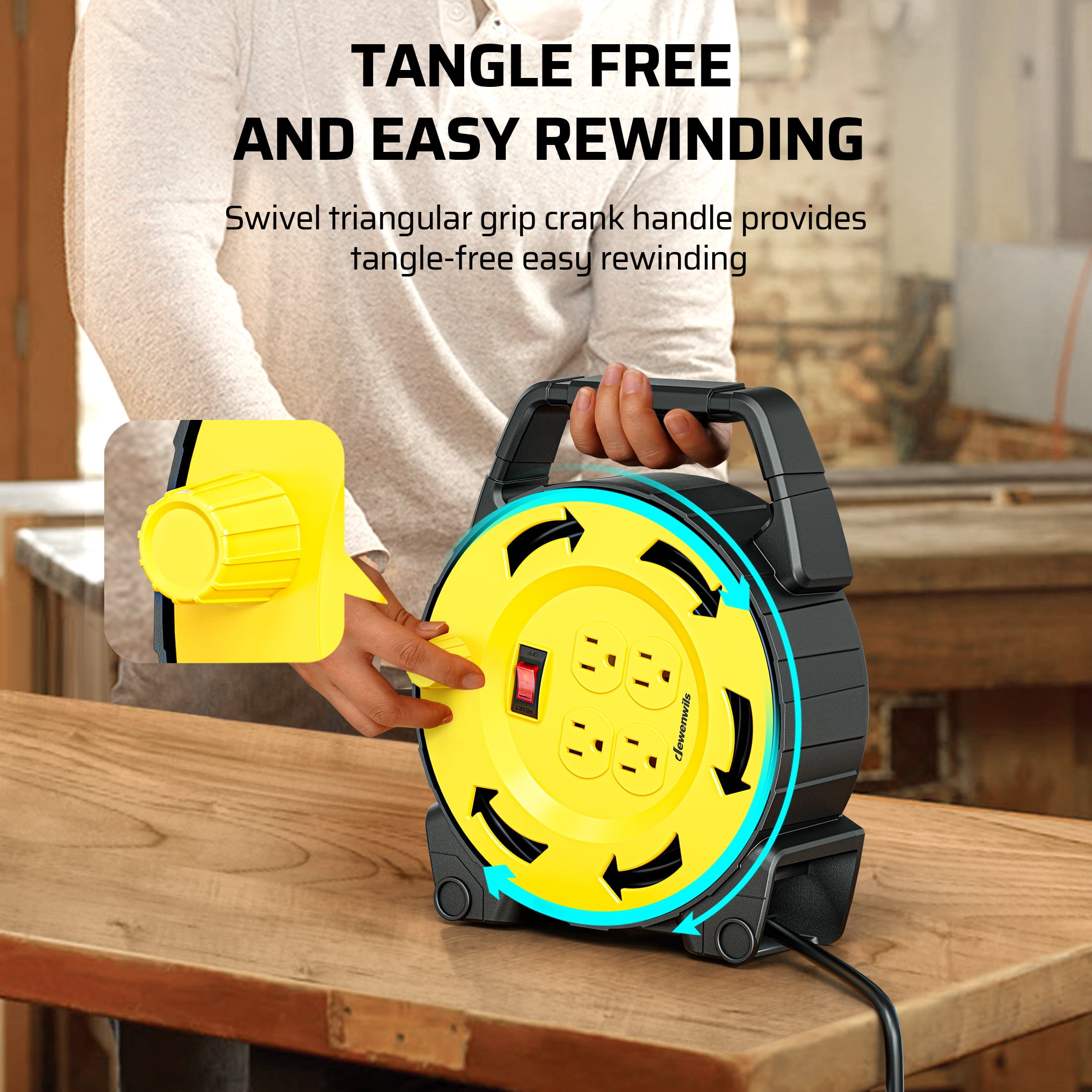 DEWENWILS Extension Cord Reel with 30 FT Power Cord, Hand Wind Retractable, 16/3 AWG SJTW, 4 Grounded Outlets, 13 Amp Circuit Breaker, Yellow Black, UL Listed