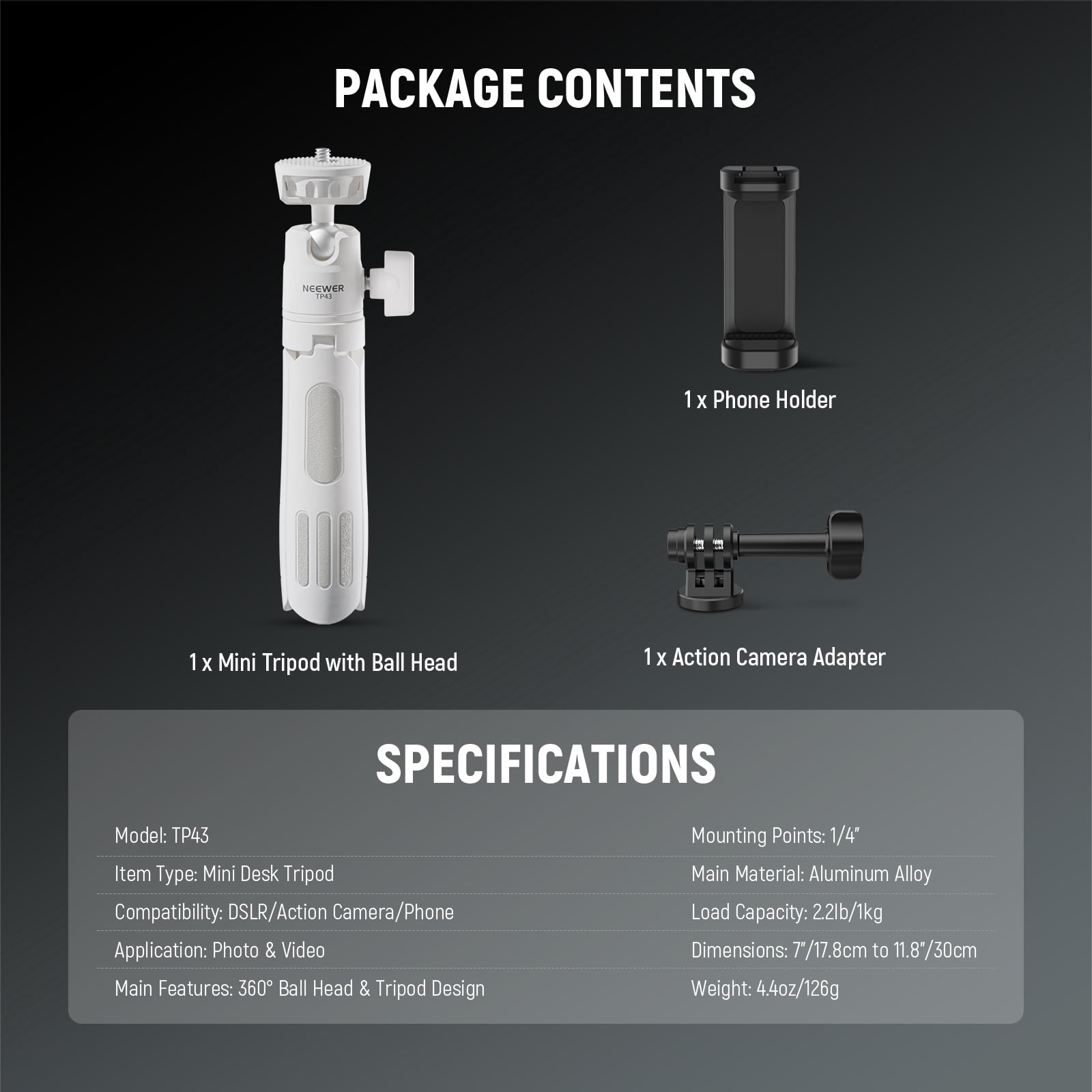 Neewer TP43 Mini Desktop Tripod - 360° Ball Head, for iPhone/GoPro/Insta360/DJI, Metal Stand for Webcam/Vlogging (White)