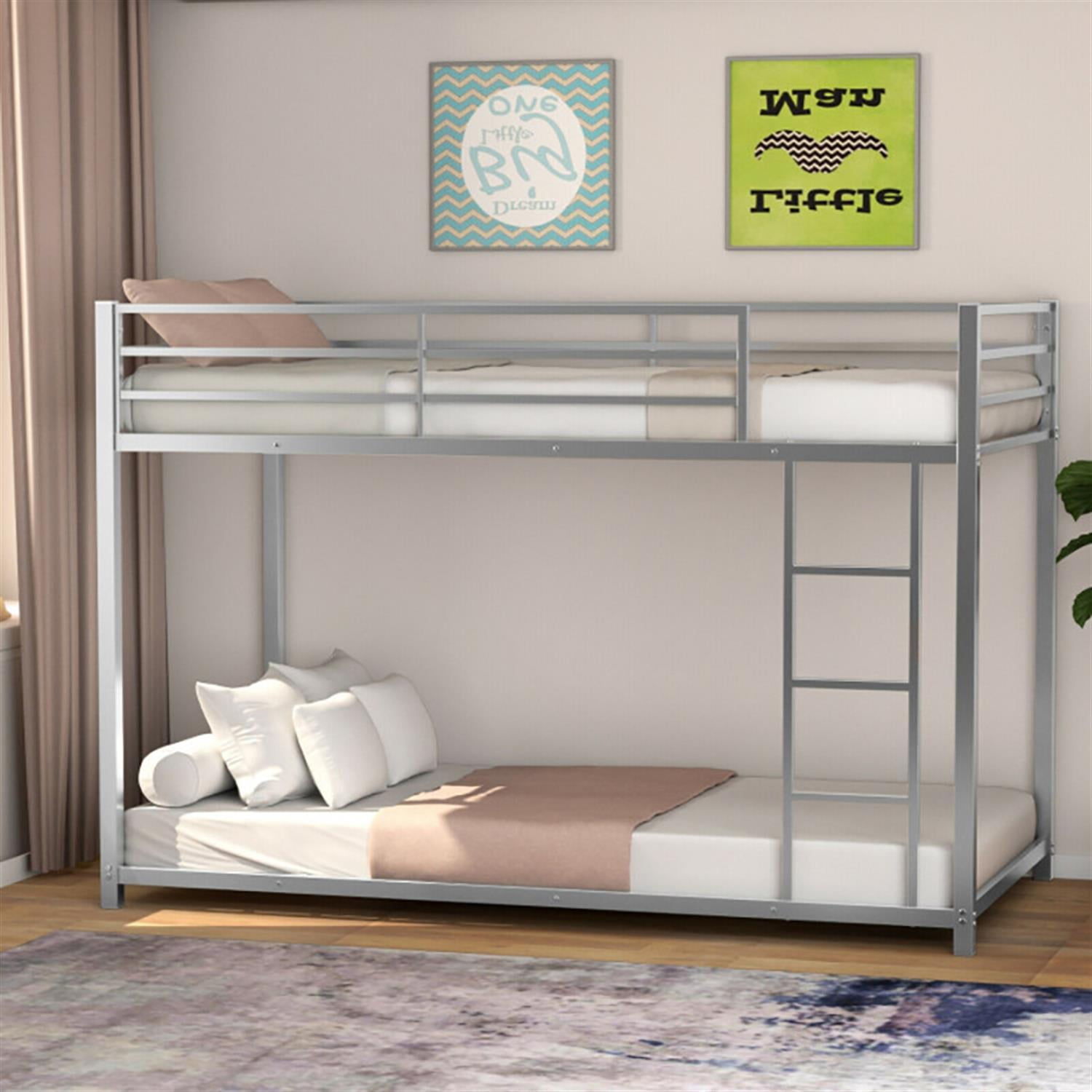 Demi Bonn Twin Over Twin Bunk Bed with Safety Guard Rails and Side Ladder, Twin Bunk Beds, Sturdy Metal Bed Frame No Box Spring Needed, Silver