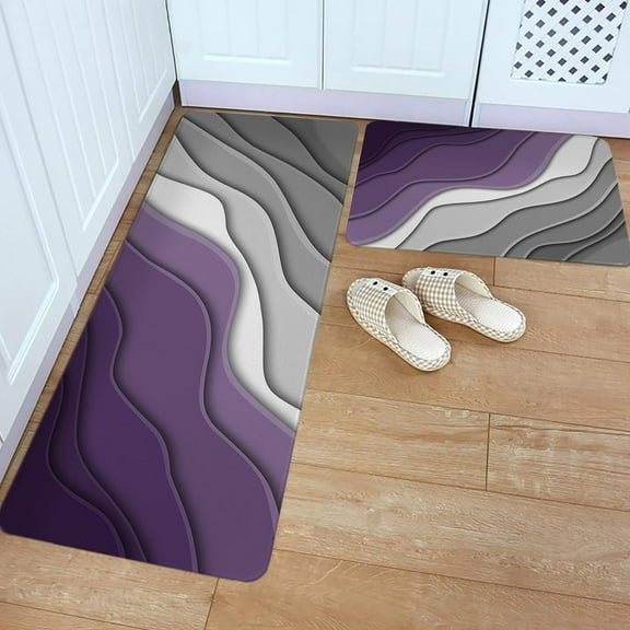 Geometric Purple Gray Ombre Kitchen Rugs and Mats 2 Pieces Set, Modern Abstract Art Non Slip Floor Mat for Sink Laundry, Cushioned Anti-Fatigue Comfort Mat for Kitchen (18"x30" 18"x47")